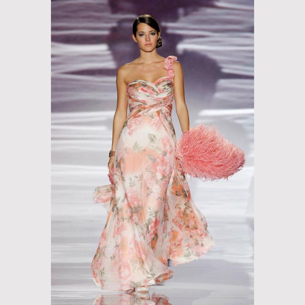 Sonia Pena Dress Peach Sweetheart One Shoulder Floral Maxi Bridesmaid Gown Sz 8